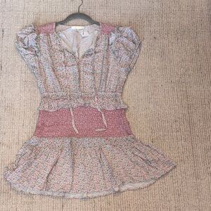 LoveShackFancy Pink Floral Shirred-Waist Cotton Dress